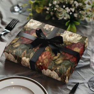 Vintage Christmas Red and Winter White Floral Wrapping Paper Sheet