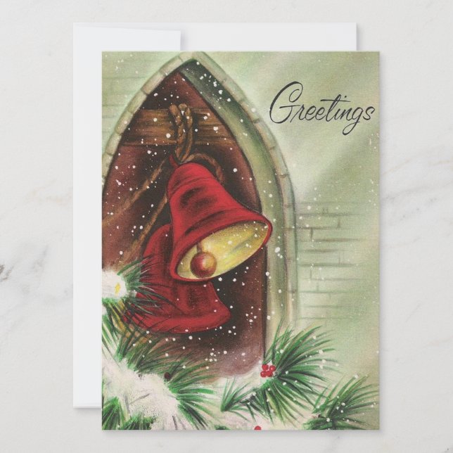Vintage Christmas Red Bells Greetings Holiday Card (Front)