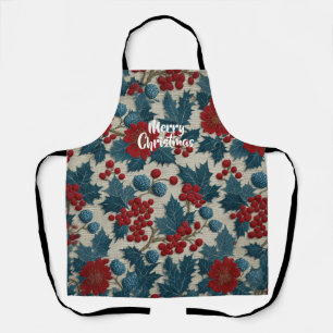 Vintage Christmas Red Berry Botanical Linen Apron