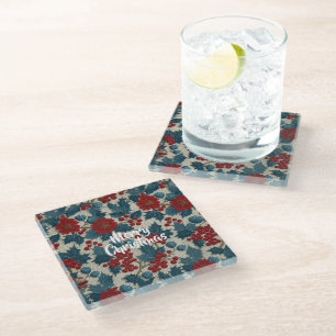 Vintage Christmas Red Berry Botanical Linen Glass Coaster
