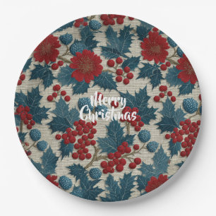 Vintage Christmas Red Berry Botanical Linen Paper Plate