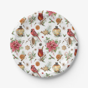 Vintage Christmas Red Bird Poinsettia Pattern Paper Plate