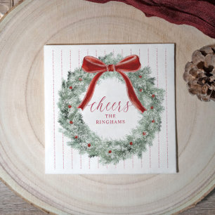Vintage Christmas Red Bow Wreath Cheers Cocktail Napkin