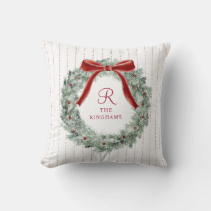 Vintage Christmas Red Bow Wreath Monogram Cushion