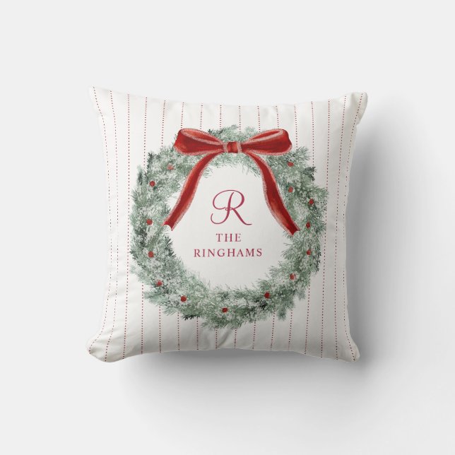 Vintage Christmas Red Bow Wreath Monogram Cushion (Front)