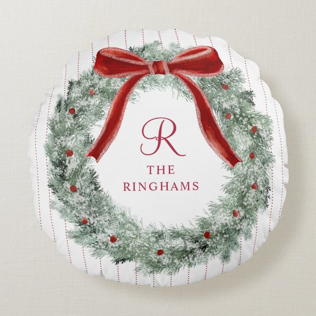 Vintage Christmas Red Bow Wreath Monogram Round Cushion (Front)