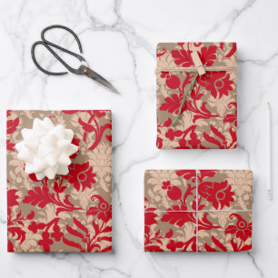 Vintage Christmas red brown rustic floral pattern Wrapping Paper Sheet