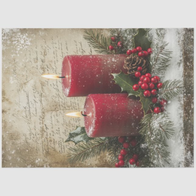 Vintage Christmas red candles holly berry Tissue Paper (Front)