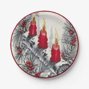 Vintage Christmas Red Candles Pine Needles Berries Paper Plate