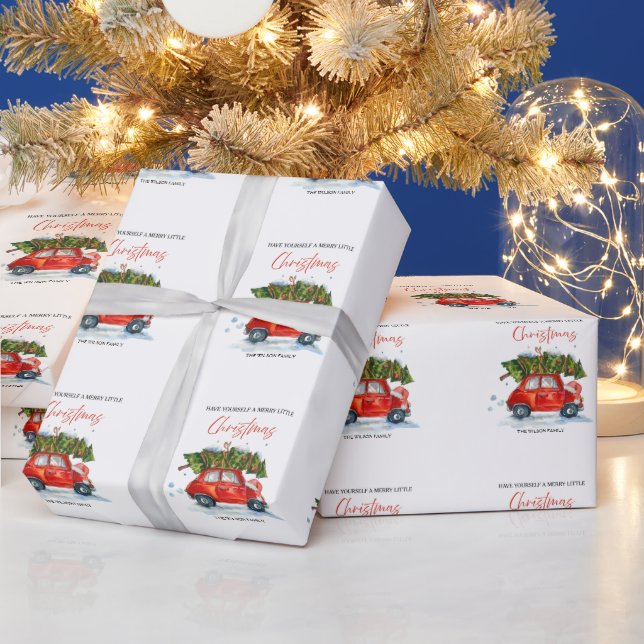 Vintage Christmas  Red Car & Tree Wrapping Paper (Holidays)