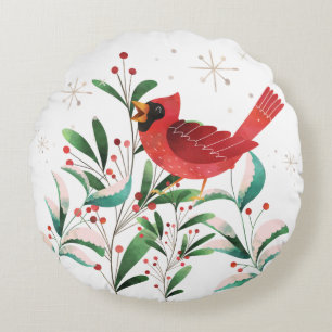 Vintage Christmas Red Cardinal with Snow & Holly Round Cushion