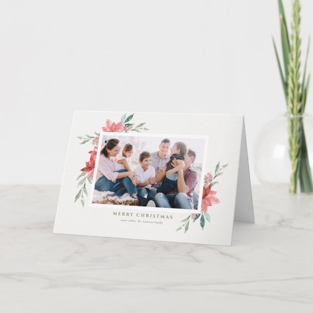 Vintage Christmas Red Flowers Photo Holiday Card (Front)