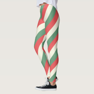 Vintage Christmas Red Green White Vertical Striped Leggings