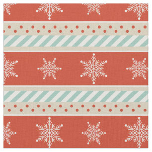 Vintage Christmas Red Mint Snowflakes Pattern Fabric