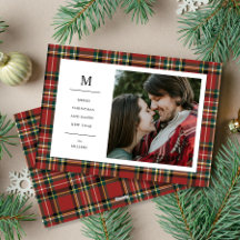 Vintage Christmas Red Plaid Monogram One Photo