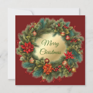 Vintage Christmas Red Poinsettia, Berries Wreath Holiday Card