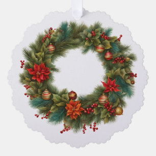 Vintage Christmas Red Poinsettia, Berries Wreath Tree Decoration Card