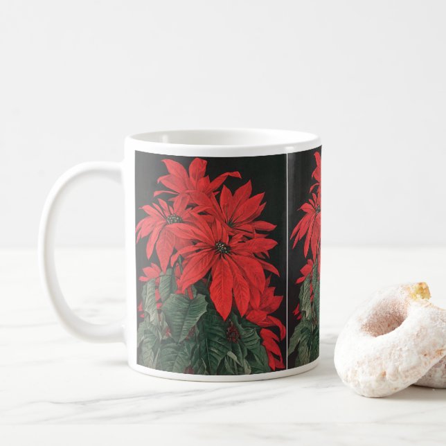 Vintage Christmas Red Poinsettia Plants Flowers Coffee Mug (With Donut)