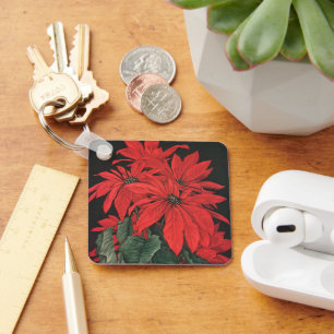 Vintage Christmas Red Poinsettia Plants Flowers Key Ring