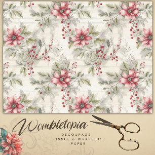 Vintage Christmas Red Poinsettia Tartan, Decoupage Tissue Paper
