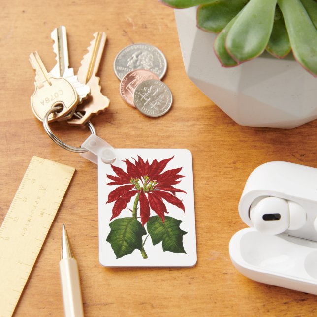 Vintage Christmas, Red Poinsettia Winter Plant Key Ring (Desk)