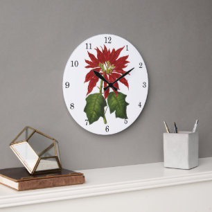 Vintage Christmas, Red Poinsettia Winter Plant Large Clock