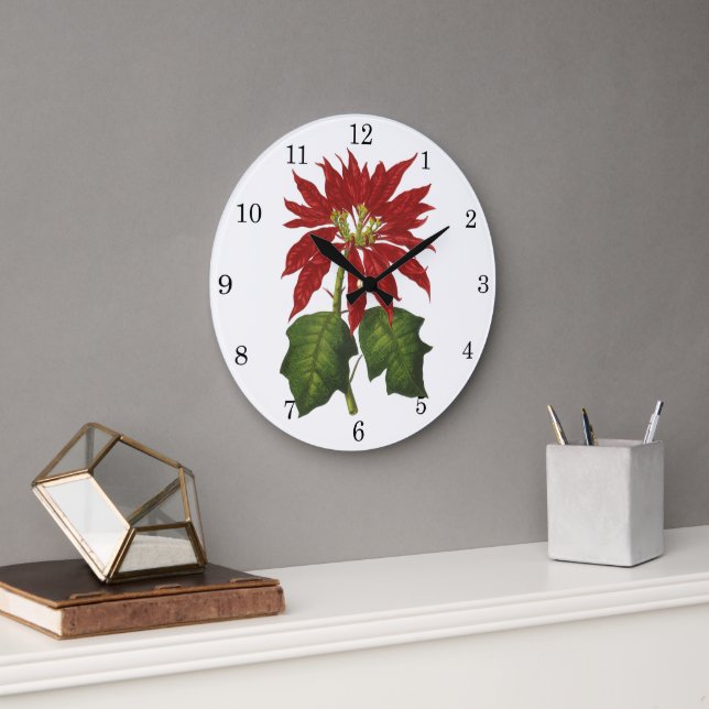 Vintage Christmas, Red Poinsettia Winter Plant Large Clock (Office)