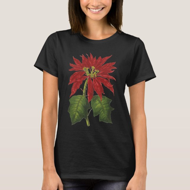 Vintage Christmas, Red Poinsettia Winter Plant T-Shirt (Front)