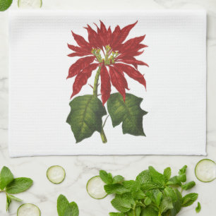 Vintage Christmas, Red Poinsettia Winter Plant Tea Towel