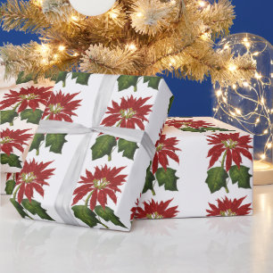 Vintage Christmas, Red Poinsettia Winter Plant Wrapping Paper