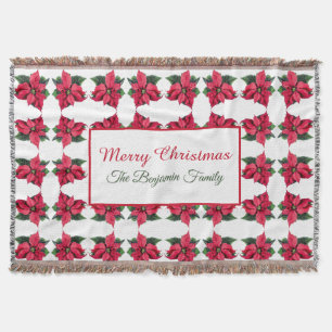 Vintage Christmas Red Poinsettias Pattern Throw Blanket
