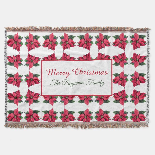 Vintage Christmas Red Poinsettias Pattern Throw Blanket (Front)