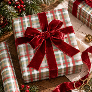 Vintage Christmas Red Sage Green Gouache Plaid Wrapping Paper
