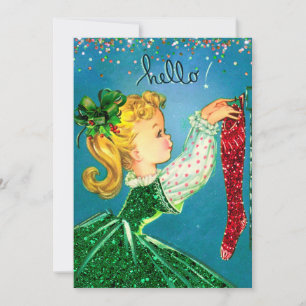 Vintage Christmas red socks glitter girl monogram Thank You Card