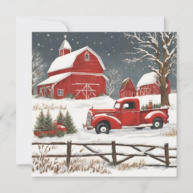 Vintage Christmas Red Truck, Barn, Countryside Holiday Card (Front)