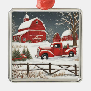 Vintage Christmas Red Truck, Barn, Countryside Metal Tree Decoration