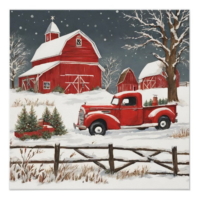 Vintage Christmas Red Truck, Barn, Countryside Poster (Front)