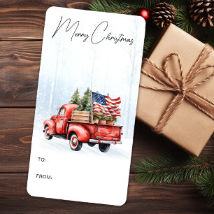 Vintage Christmas Red Truck Patriotic Flag Gift Label