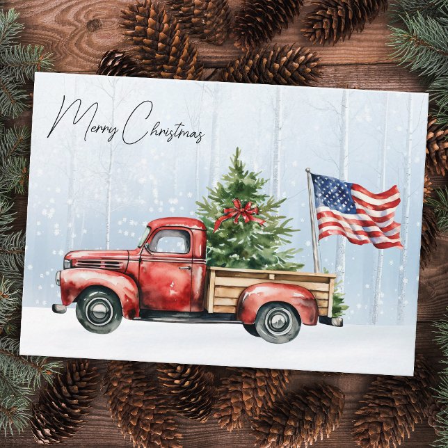 Vintage Christmas Red Truck Patriotic USA Flag Card (Creator Uploaded)
