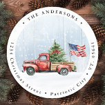 Vintage Christmas Red Truck Patriotic USA Flag Classic Round Sticker<br><div class="desc">Vintage Red Truck Christmas Cards Celebrate the Holidays with Patriotic Charm Spread joy and festive cheer this holiday season with our Vintage Red Truck Christmas Cards. Perfectly capturing the spirit of a rustic winter wonderland, these cards feature a charming red truck adorned with a Christmas tree in the back, set...</div>