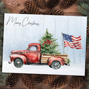 Vintage Christmas Red Truck Patriotic USA Flag Holiday Card
