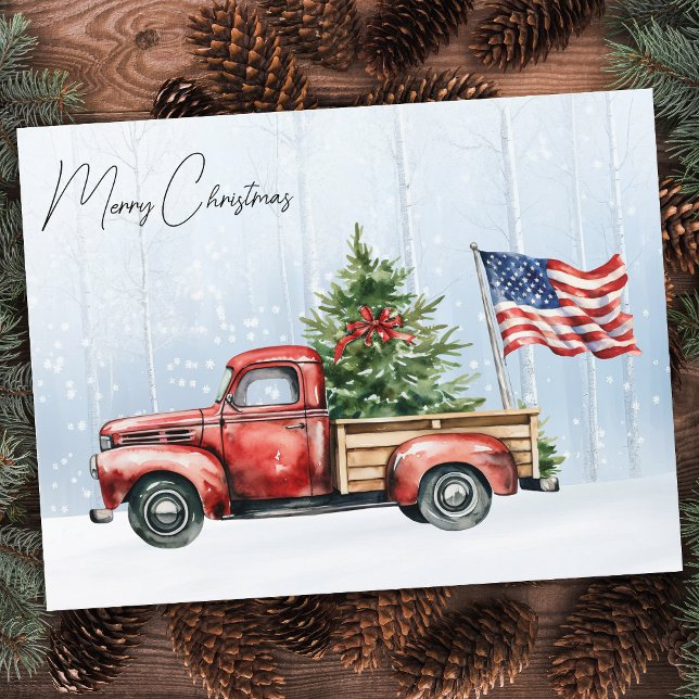 Vintage Christmas Red Truck Patriotic USA Flag Postcard (Creator Uploaded)
