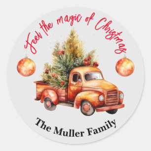 Vintage Christmas Red Truck Watercolor Classic Round Sticker