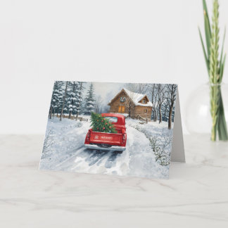 Vintage Christmas Red Truck Winter Cabin 1 Photo Card