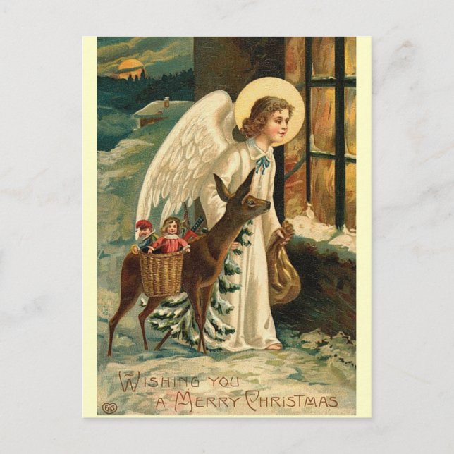 Vintage Christmas reindeer and angel Postcard (Front)