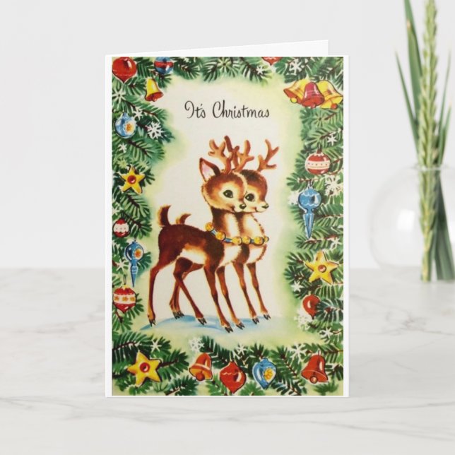 Vintage Christmas Reindeer, Holiday Card (Front)