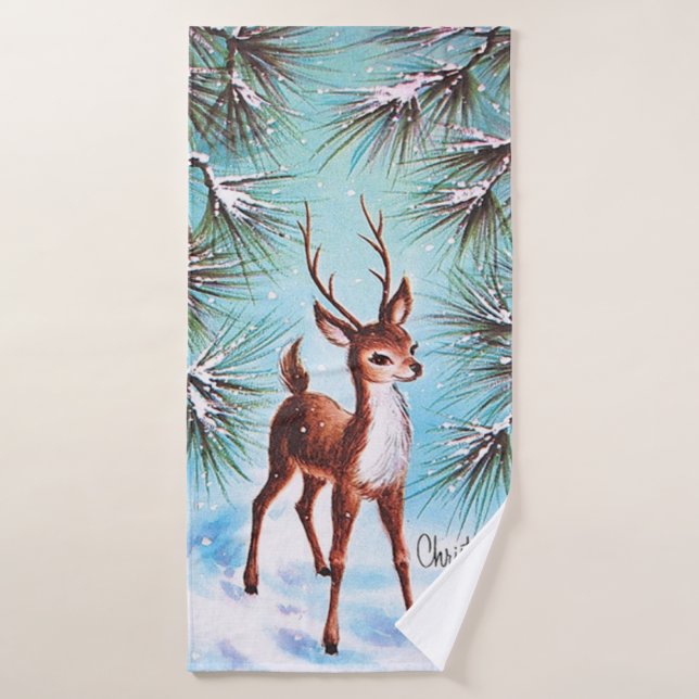 Vintage Christmas Reindeer Pine Trees Bath Towel Set (Bath Towel)