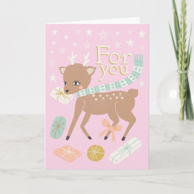 Vintage Christmas reindeer pink gold illustration  Card (Front)