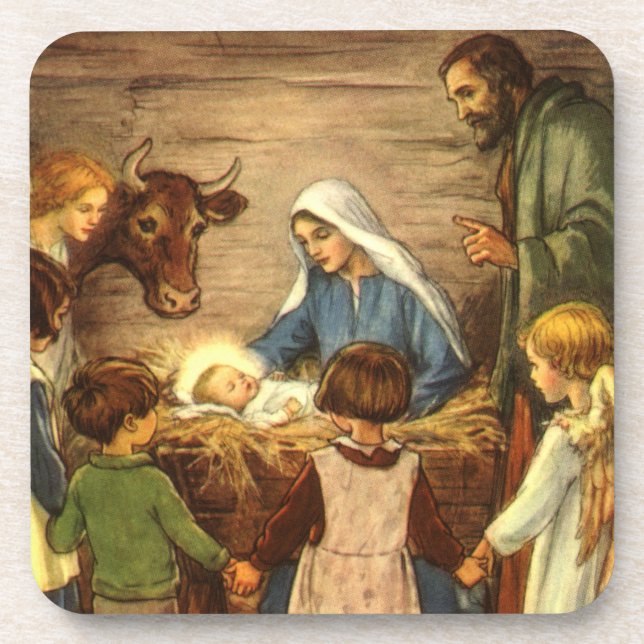 Vintage Christmas, Religious Nativity w Baby Jesus Coaster (Front)