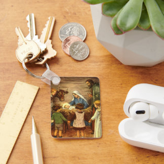 Vintage Christmas, Religious Nativity w Baby Jesus Key Ring